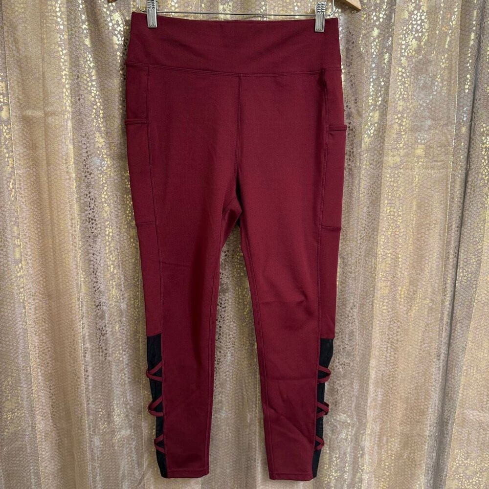 PopFit Lily High Rise Leggings Burgundy Black Mesh Active Yoga Dance XL